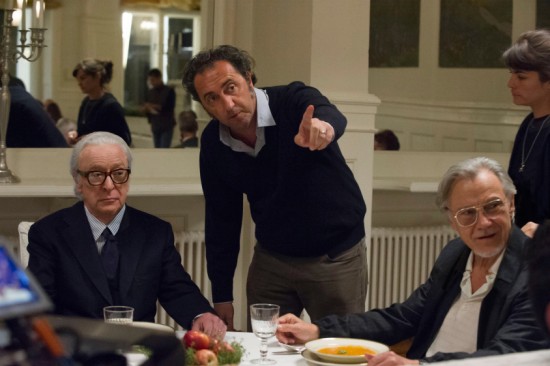 Michael Caine, Director Paolo Sorrentino, and Harvey Keitel on the set of YOUTH. Photo by Gianni Fiorito. © 2015 Twentieth Century Fox Film Corporation All Rights Reserved