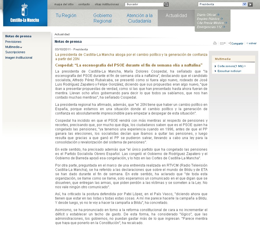 El PSOE denuncia que De Cospedal usa la web institucional de la Junta para arremeter contra Rubalcaba, Patxi López y el PSOE