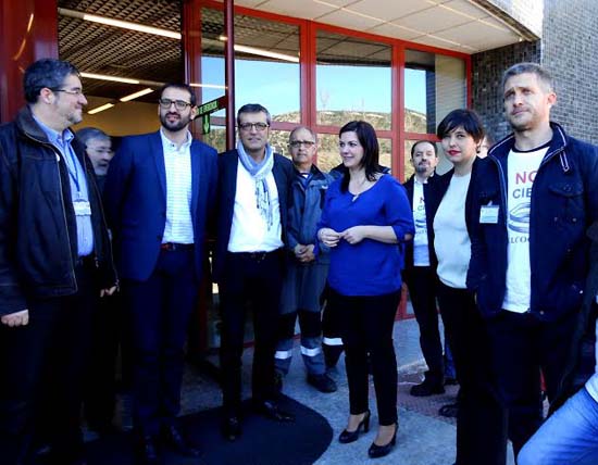 El comité de empresa, junto a Mayte Fernández y los europarlamentarios que han visitado las instalaciones de Elcogas