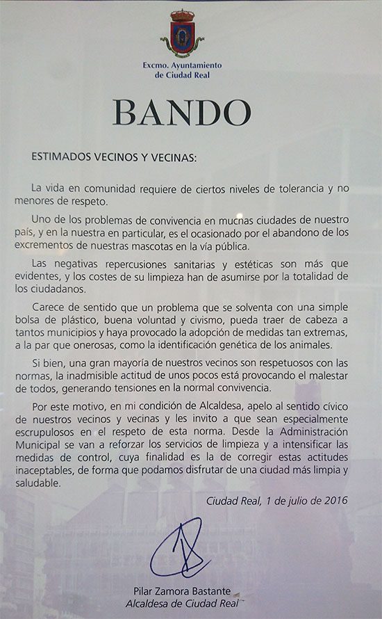 Bando publicado por el Ayuntamiento sobre excrementos caninos