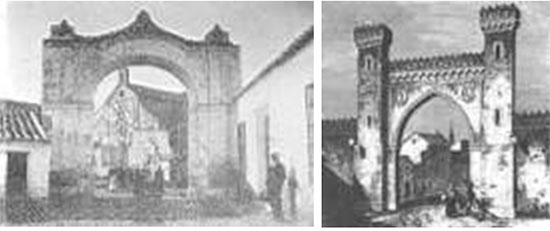 Puerta del Carmen en el siglo XIX y Puerta de Ciruela reconstruida en 1866 para la visita de la Reina Isabel II