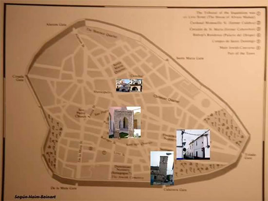 Plano de la Ciudad Real del siglo XV elaborado por Haim Beinart, mostrando restos actuales del pasado judaico en la ciudad