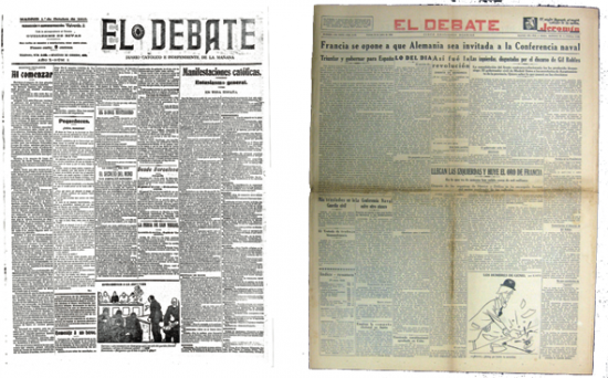 El Debate máximo exponente del propagandismo católico. Primer número de 1910 y ejemplar de 1936. Fuente El argonauta español 2015