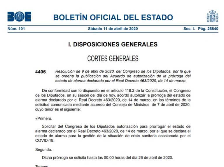 El BOE publica la prórroga del estado de alarma hasta el 26 de abril