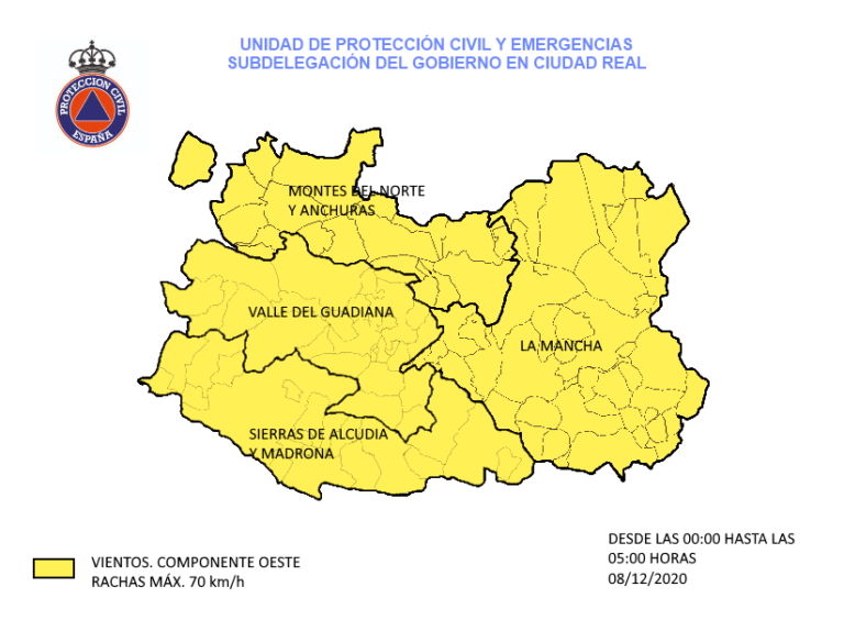Alerta amarilla por fuertes rachas de viento de hasta 70 kilómetros/hora en Ciudad Real