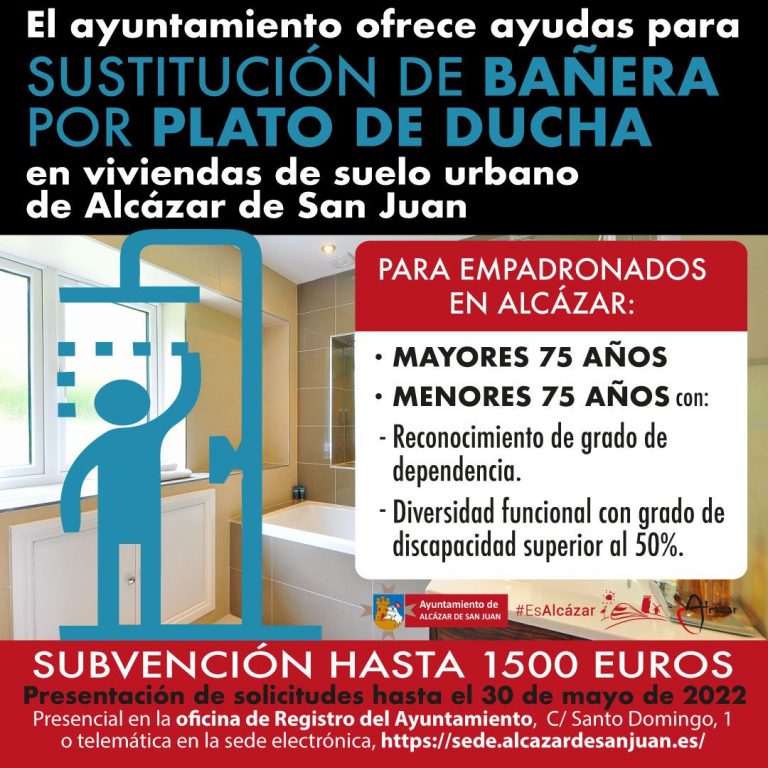 El Ayuntamiento de Alcázar ofrece ayudas para la sustitución de bañeras por plato de ducha en viviendas de suelo urbano