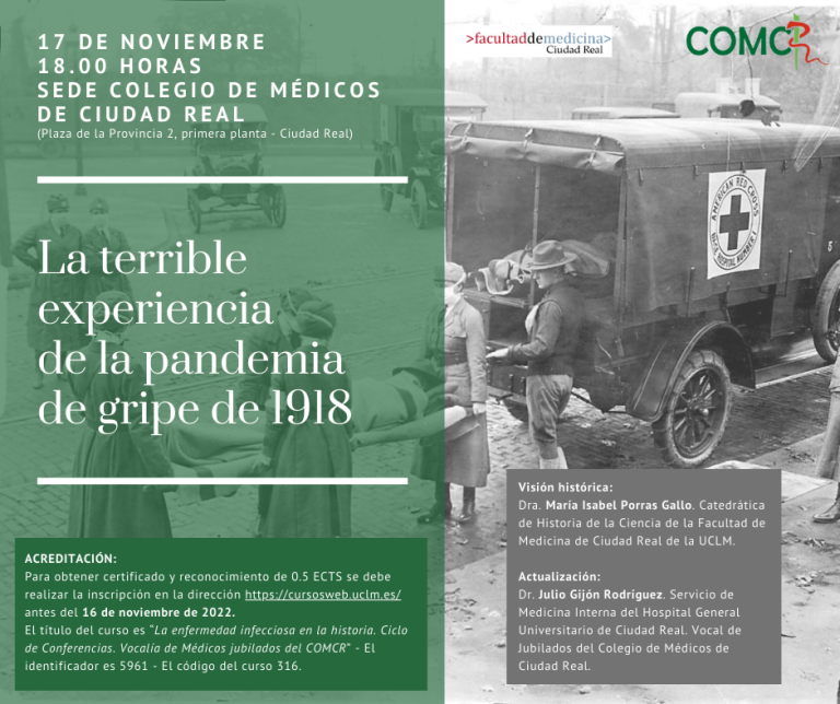 “La terrible experiencia de la pandemia de gripe de 1918” abrirá el ciclo de conferencias del Colegio de Médicos de Ciudad Real