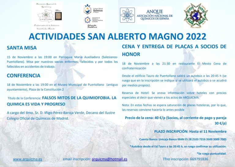 Puertollano: Conferencia del decano del colegio de químicos de Madrid y entrega de placas en la celebración de San Alberto de Arquicma