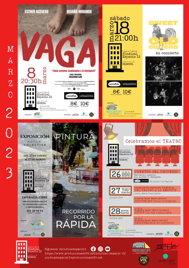 Sindical Espacio 13 en Daimiel propone para marzo teatro, música, una exposición y varias jornadas dedicadas al Día Mundial del Teatro￼