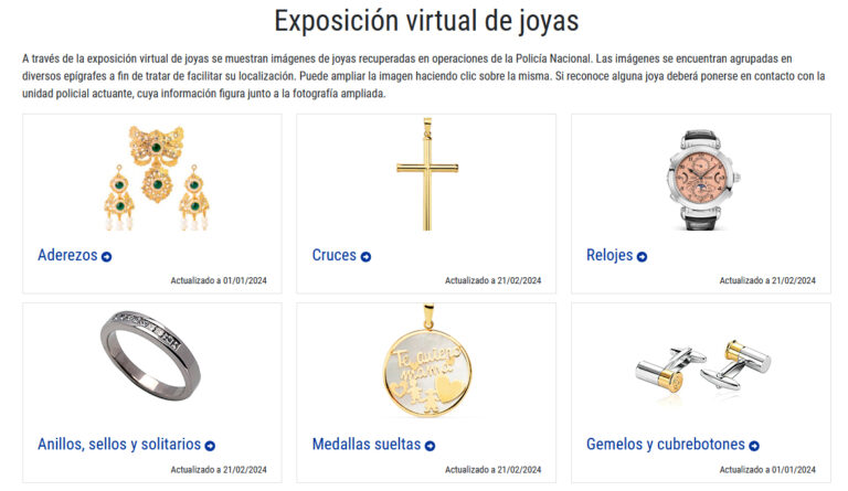 La Policía Nacional expone en su web miles de joyas y objetos de valor recuperados en operaciones policiales
