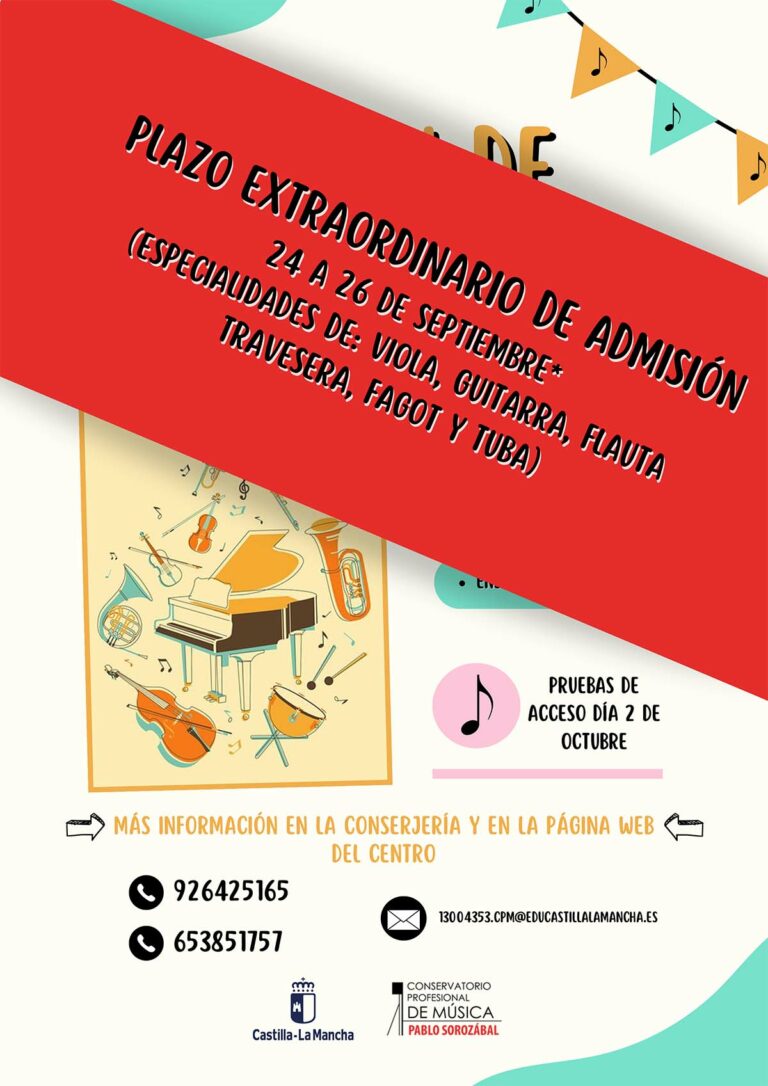 Abierto el plazo de admisión extraordinario para el Conservatorio Profesional de Música «Pablo Sorozábal» de Puertollano