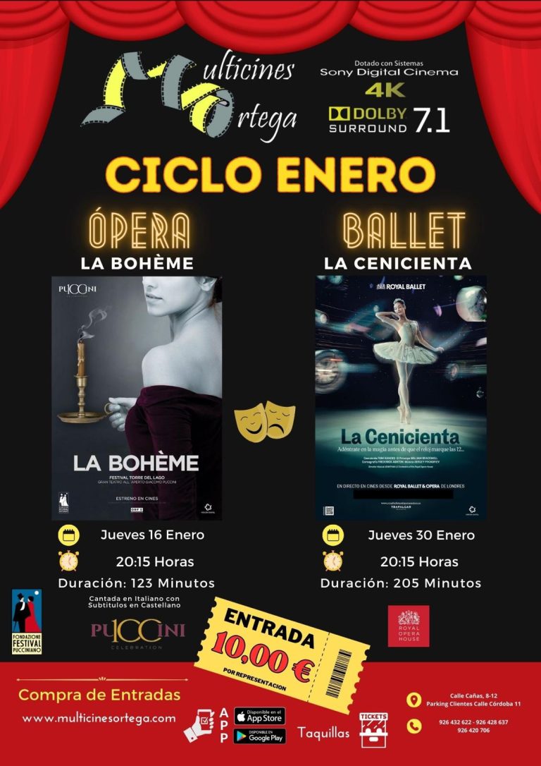 Multicines Ortega de Puertollano proyectará en enero la ópera «La Bohème» y el ballet «La Cenicienta»