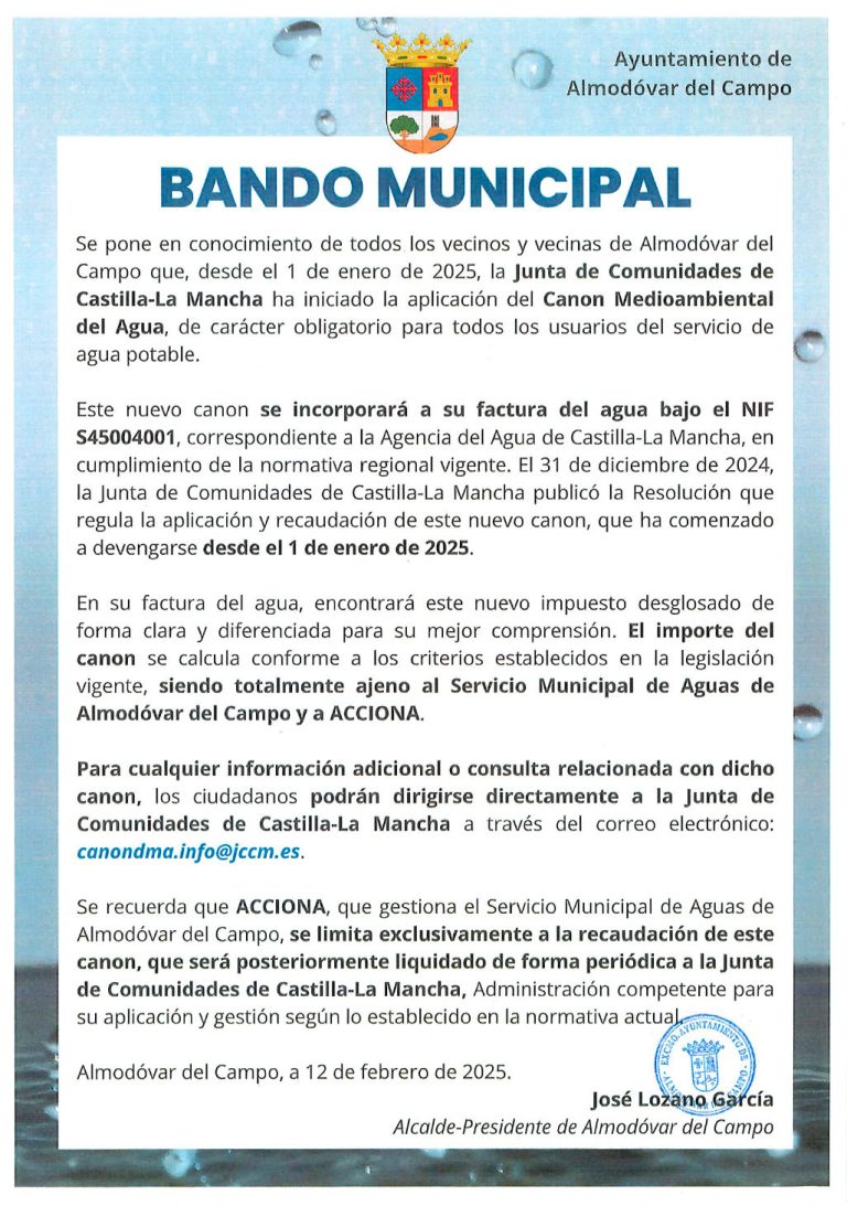 El Ayuntamiento emite un bando donde informa del nuevo canon medioambiental del agua impuesto por la Junta de Castilla-La Mancha