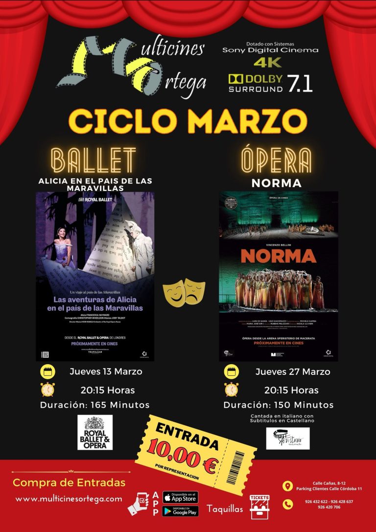 Multicines Ortega de Puertollano proyectará en marzo el ballet «Alicia en el País de las Maravillas» y la ópera «Norma»
