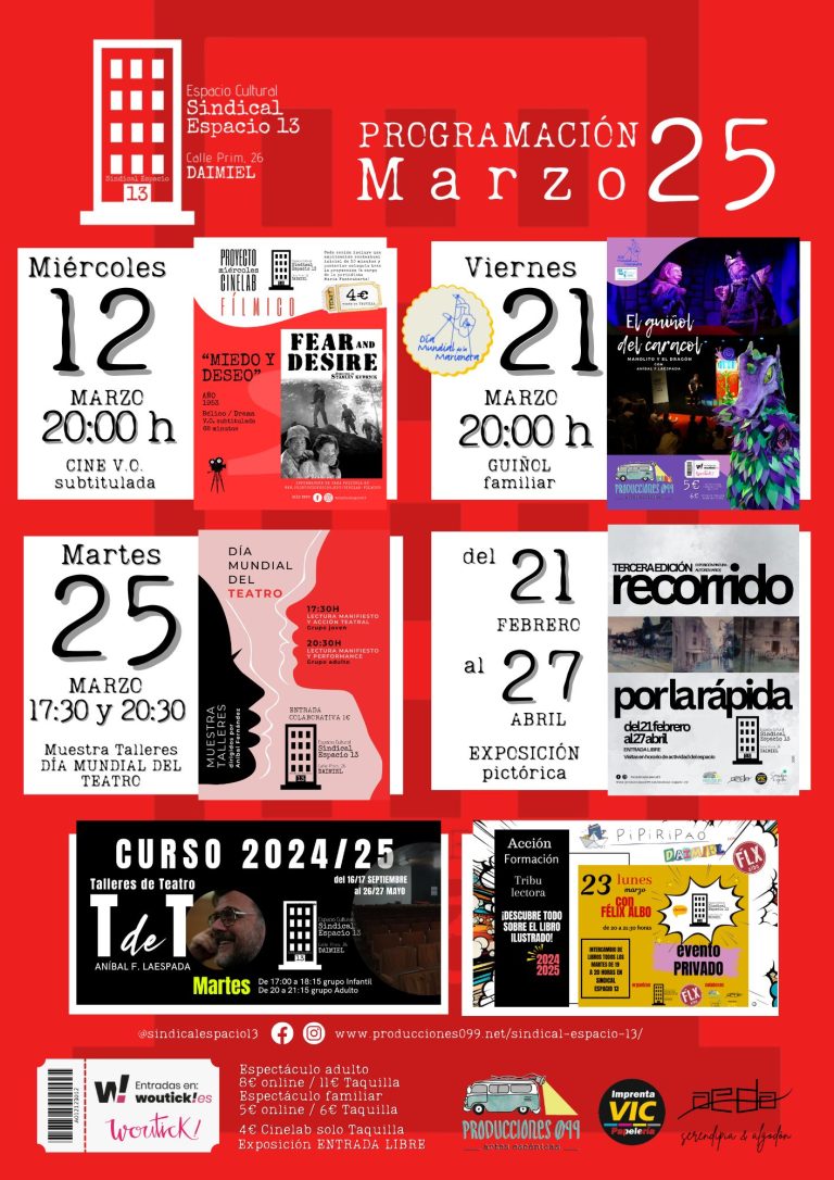 Cine, guiñol familiar, muestra de teatro y nueva exposición para febrero en Sindical Espacio 13