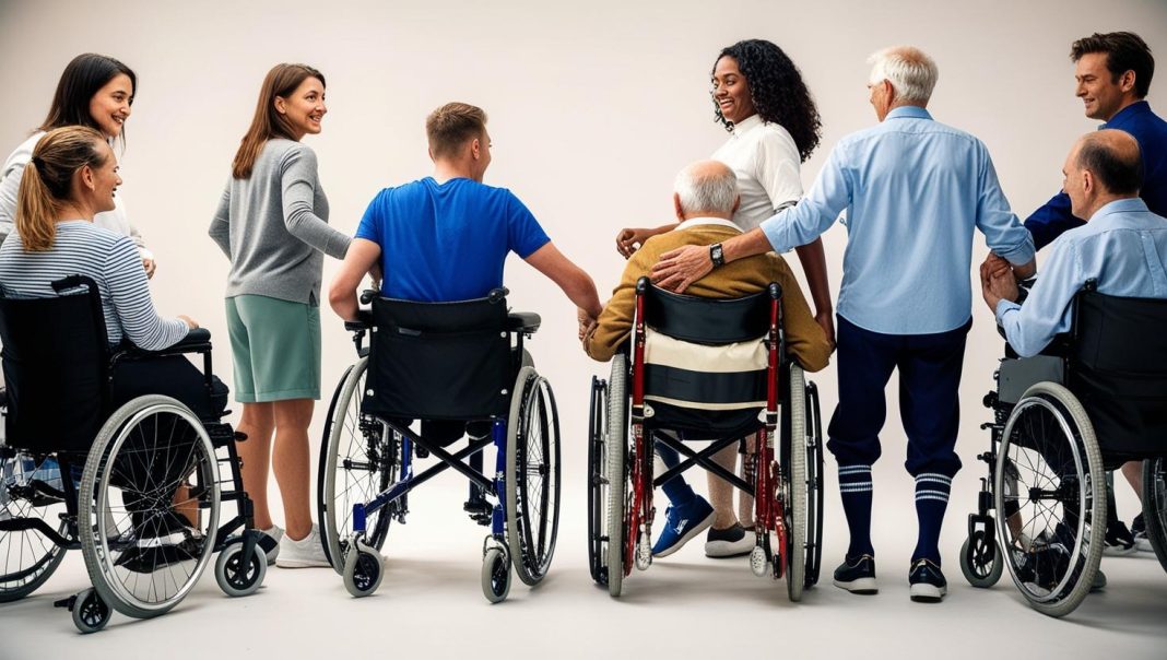 fotografía de personas discapacidad físicas donde haya mujeres, hombres jovenes y mayores europeos de espaldas y salga gente dependiente en silla de ruedas y gente asistiendo