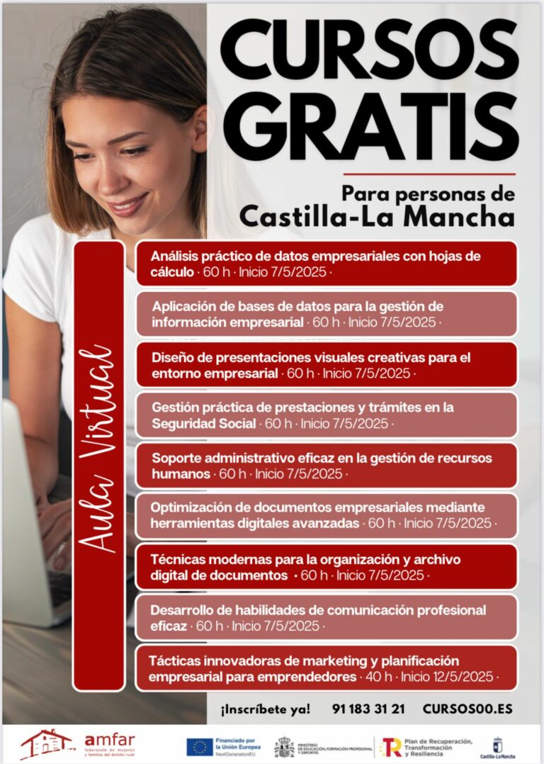 AMFAR abre el plazo de inscripción de 9 cursos gratuitos en aula virtual para mejorar la cualificación profesional en Castilla-La Mancha