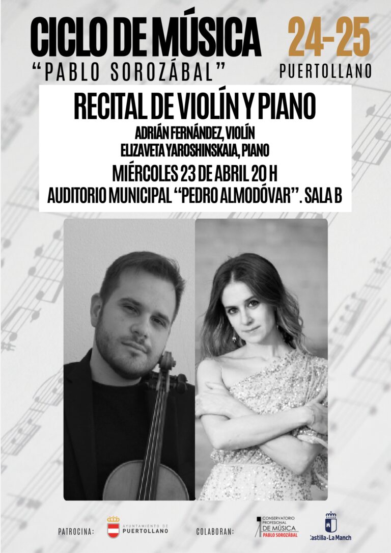 El violinista Adrián Fernández y la pianista Elizaveta Yaroshinskaia actúan este miércoles en el auditorio de Puertollano