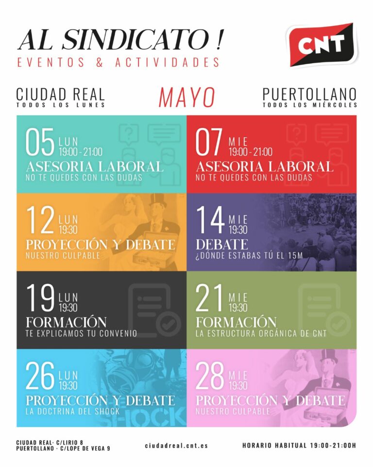 CNT anuncia sus actividades de mayo en Ciudad Real y Puertollano