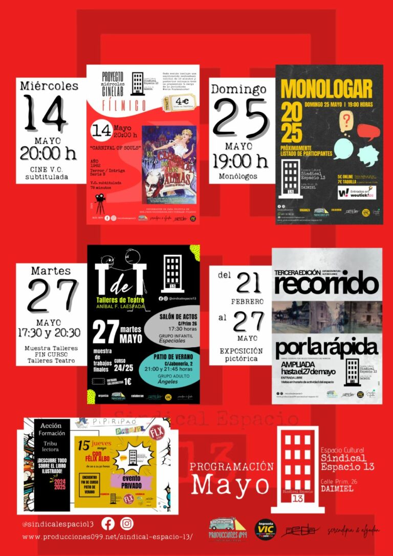 Sindical Espacio 13 propone en mayo cine, monólogos, pintura y la muestra de trabajos finales de los talleres de teatro de Aníbal Fernández.