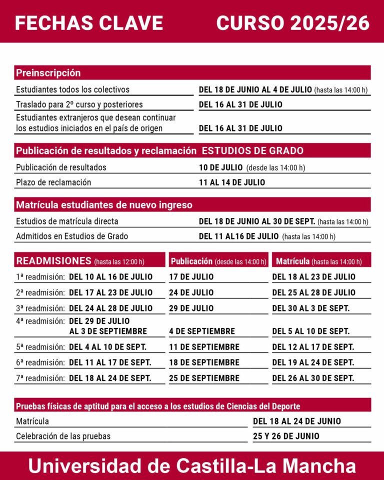 La UCLM abre el 18 de junio la preinscripción en estudios de grado para el curso 2025-2026