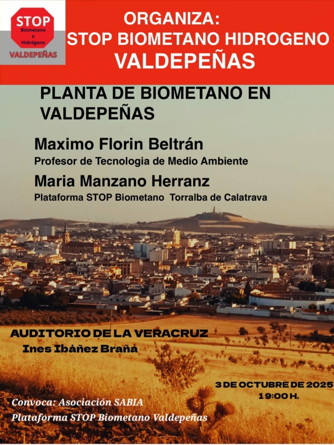 Cartel de charla sobre planta de biometano en Valdepeñas