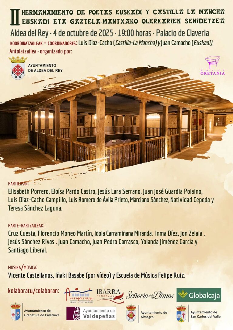 El Palacio de Clavería de Aldea del Rey albergará el II Hermanamiento de Poetas de Euskadi y Castilla-La Mancha