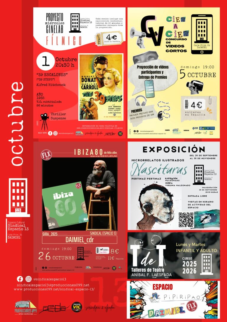 Octubre llega con una nutrida programación cultural al salón de actos de Sindical Espacio 13