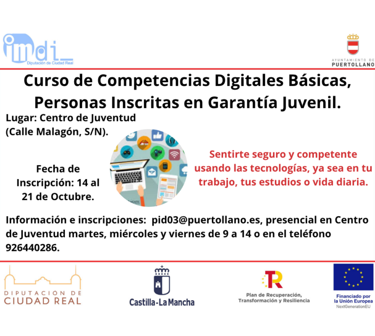 Puertollano: Curso de Competencias Digitales básicas para inscritos en Garantía Juvenil
