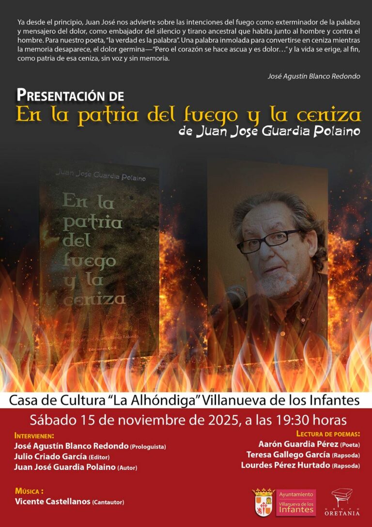 Juan José Guardia Polaino presenta su poemario “En la patria del fuego y la ceniza” en ‘La Alhóndiga’ de Villanueva de los Infantes