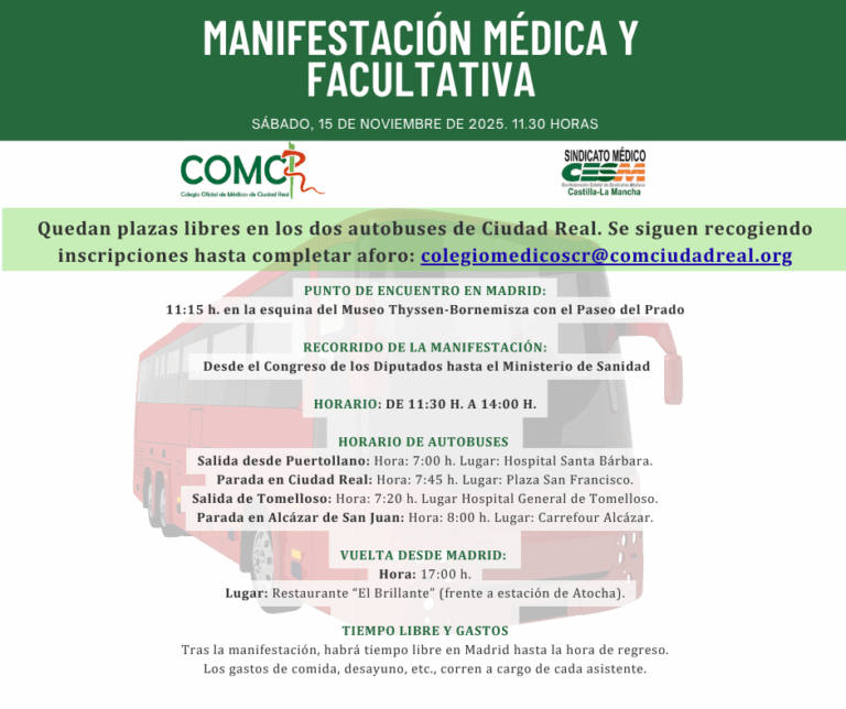 Últimas plazas para el autobús desde Ciudad Real para la Manifestación médica en Madrid del 15 de diciembre