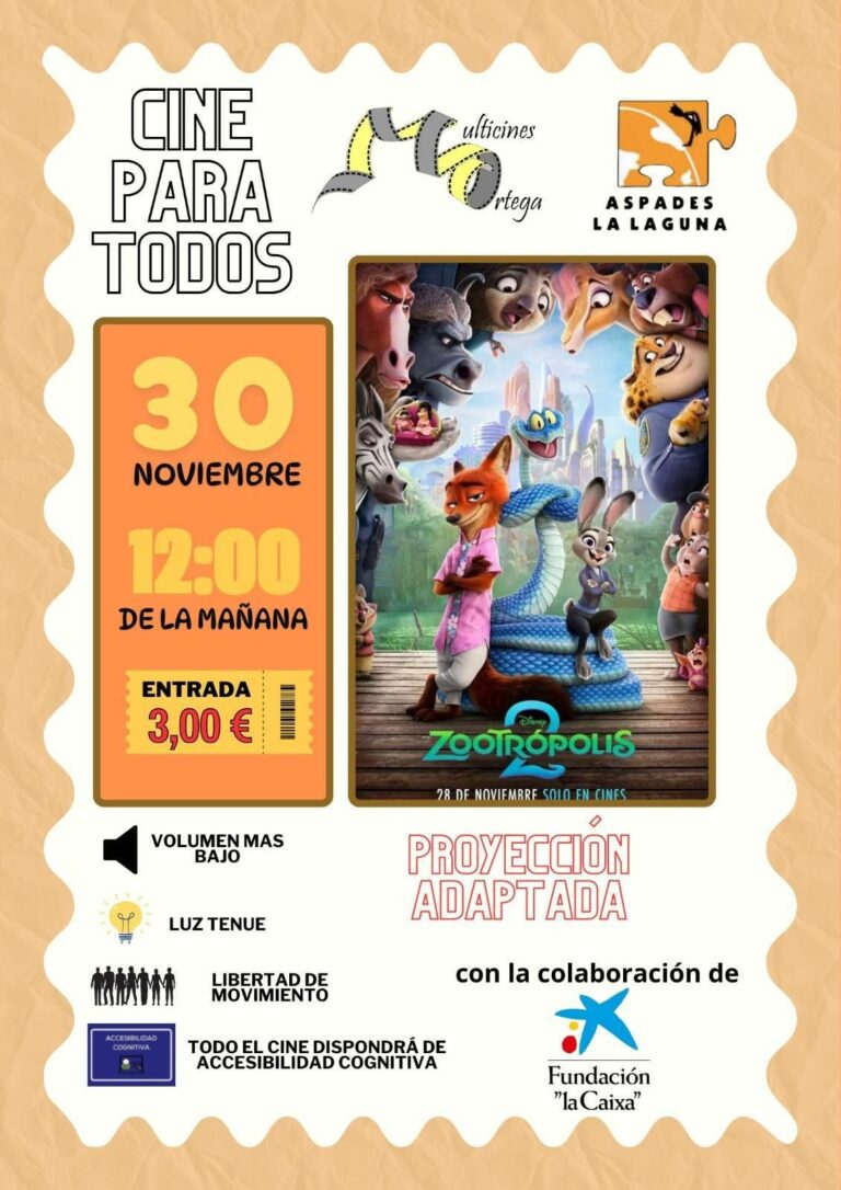 Puertollano: “Cine Para Todos” de Aspades-La Laguna proyectará el domingo Zootrópolis 2 en Multicines Ortega