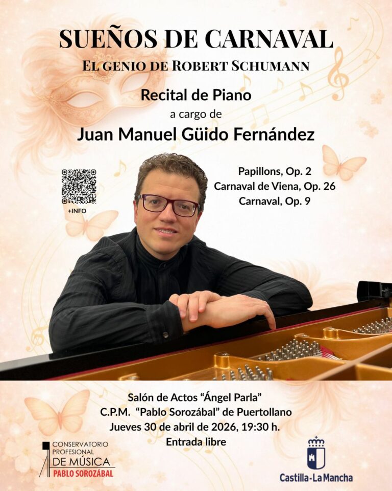 El Conservatorio «Pablo Sorozábal» de Puertollano acogerá el recital de piano «Sueños de Carnaval» de Juan Manuel Güido Fernández