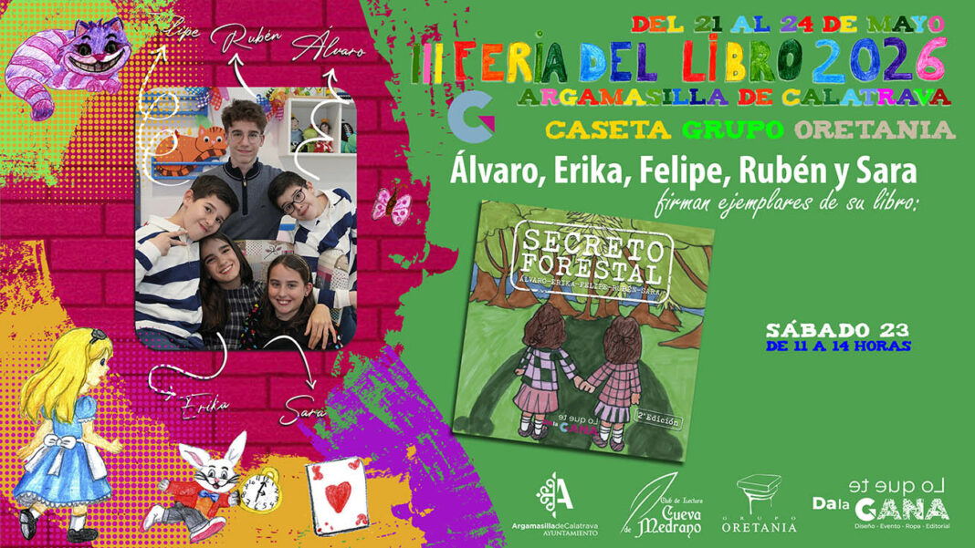 Cartel de la firma de Álvaro, Erika, Felipe, Rubén y Sara en la III Feria del Libro de Argmasilla de Calatrava