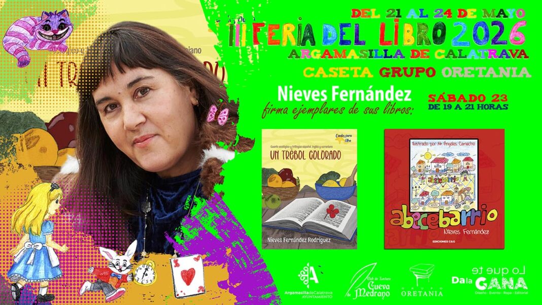 Cartel de la firma de Nieves Fernández en la III Feria del Libro de Argamasilla de Calatrava