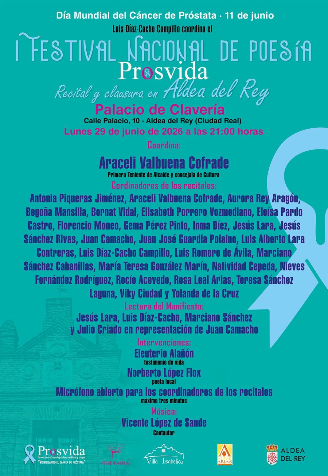 Cartel del recital en Aldea del Rey del I Festival Nacional de Poesía PROSVIDA para visibilizar el Cáncer de Próstata