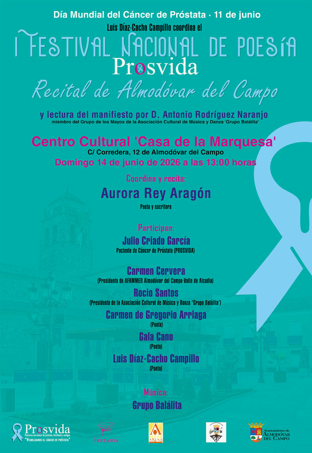 Cartel del recital en Almodóvar del Campo del I Festival Nacional de Poesía PROSVIDA para visibilizar el Cáncer de Próstata