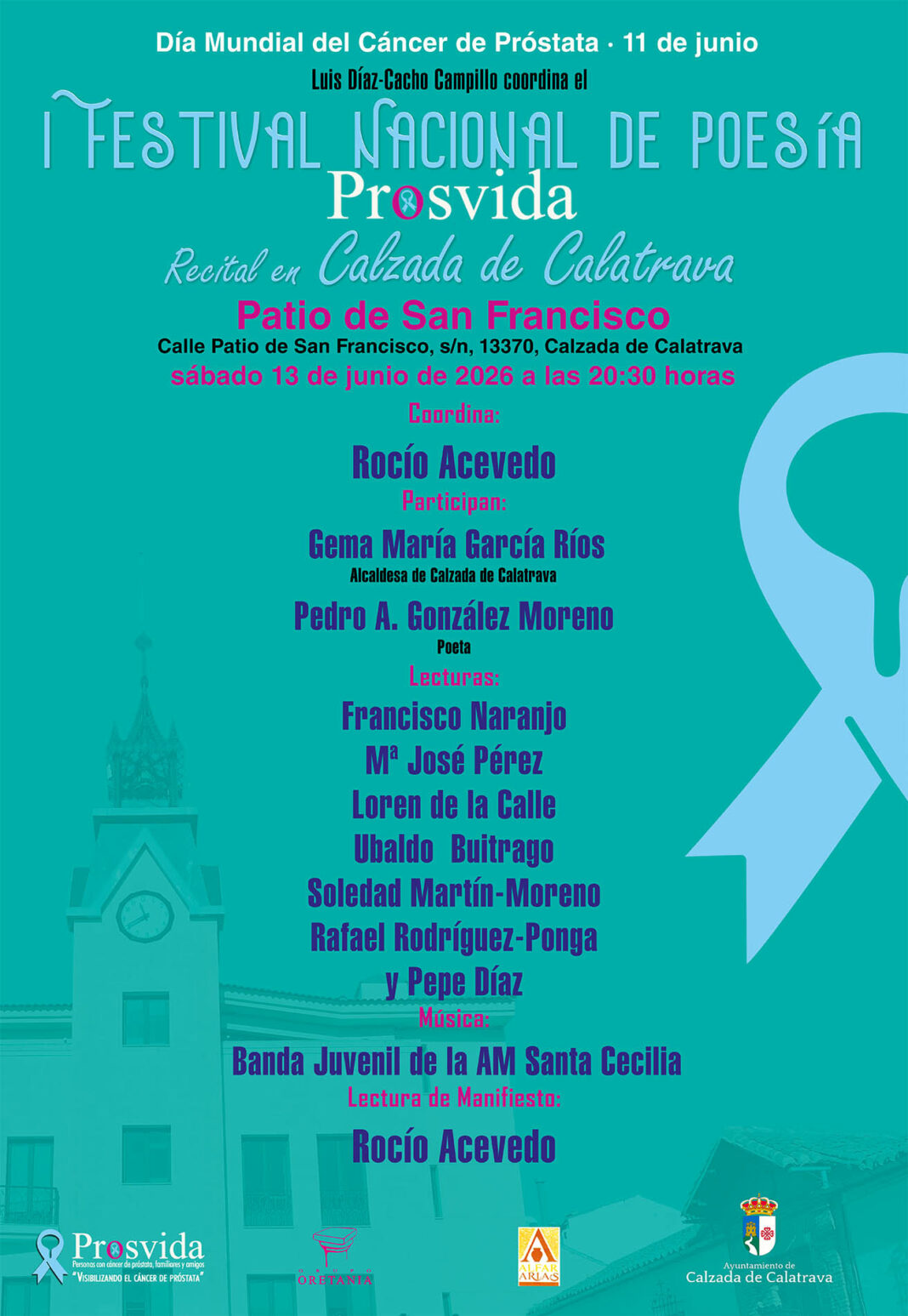 Cartel del recital en Calzada de Calatrava del I Festival Nacional de Poesía PROSVIDA para visibilizar el Cáncer de Próstata