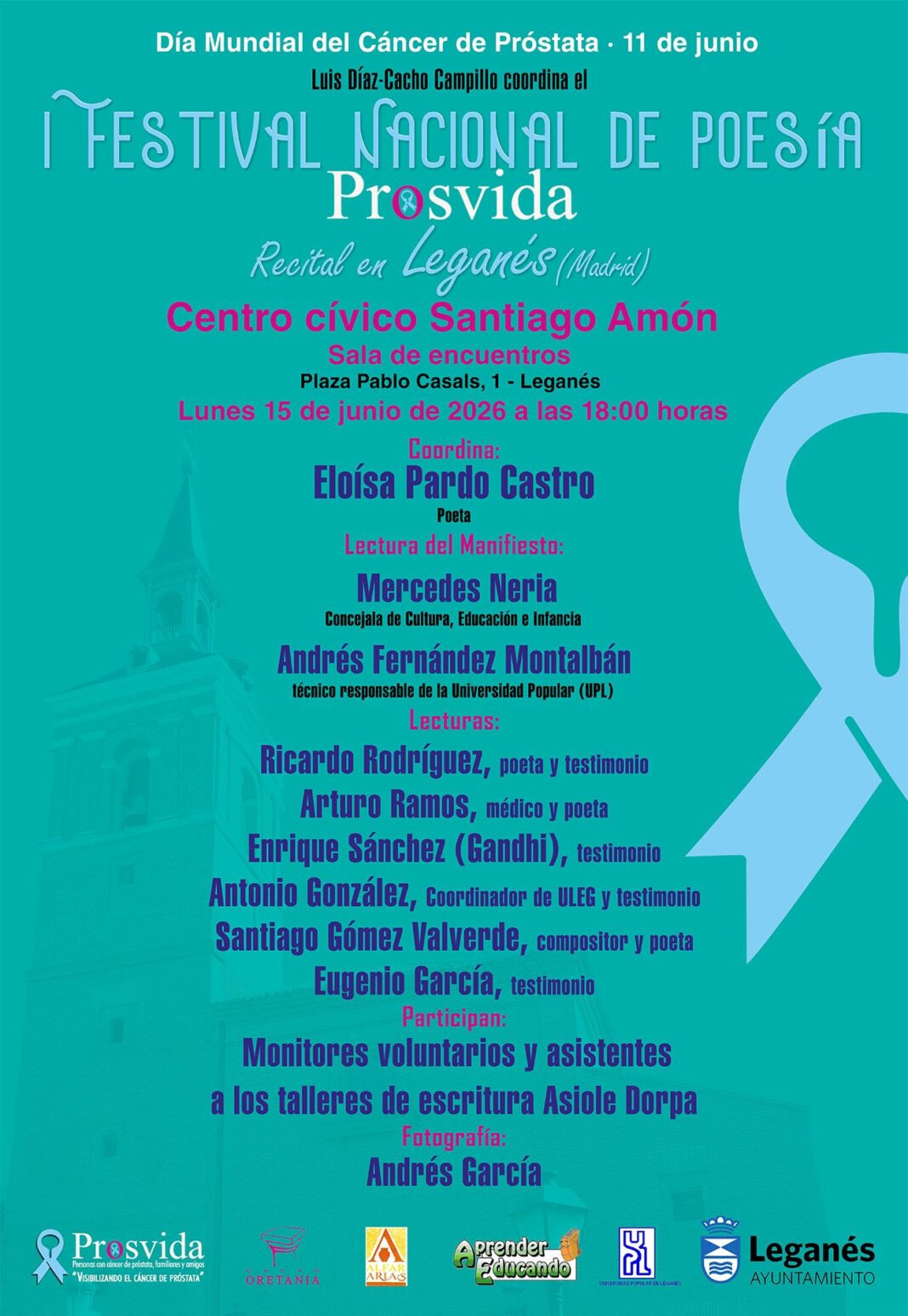 Cartel del recital en Legánes del I Festival Nacional de Poesía PROSVIDA para visibilizar el Cáncer de Próstata
