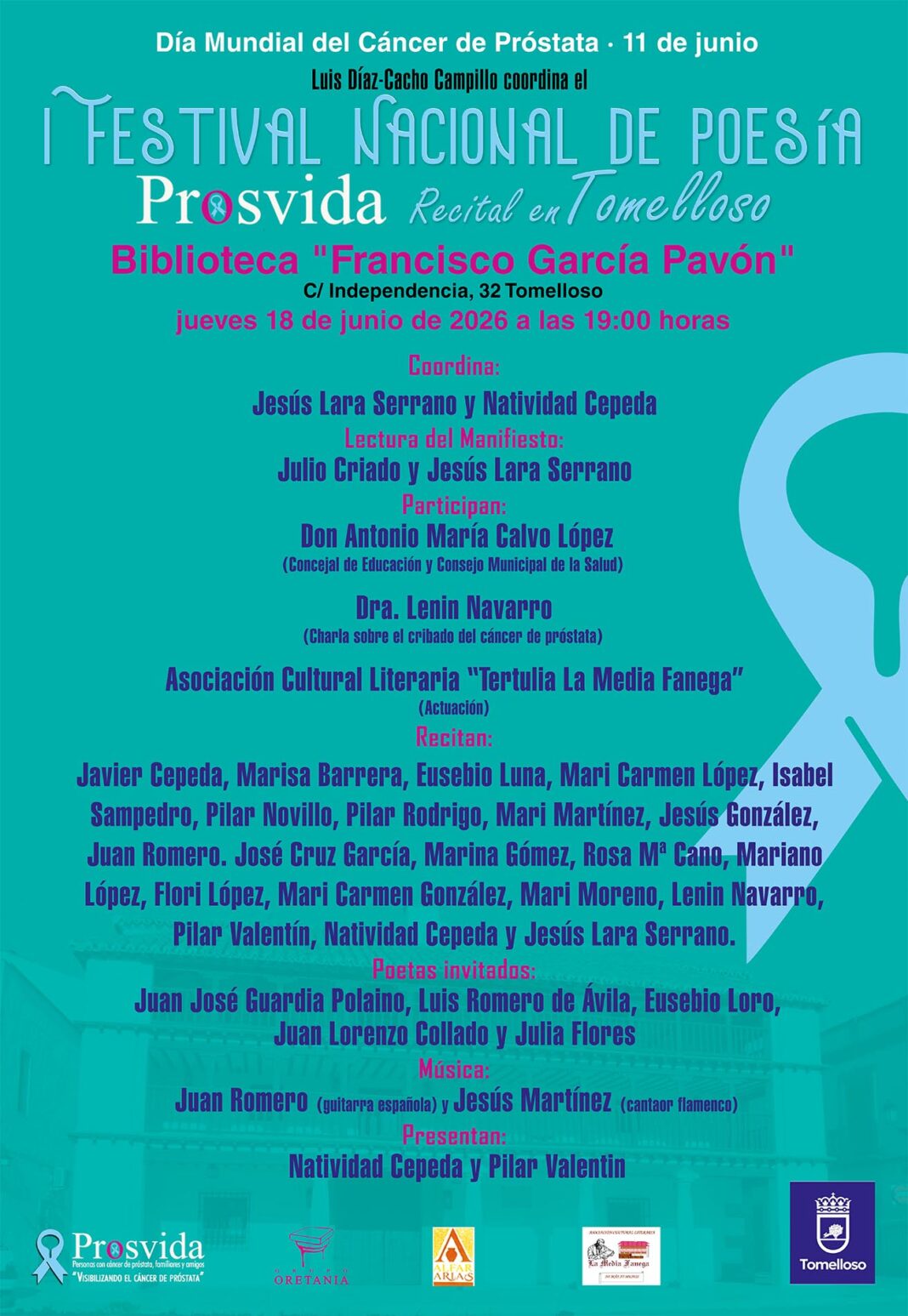 Cartel del recital en Tomelloso del I Festival Nacional de Poesía PROSVIDA para visibilizar el Cáncer de Próstata