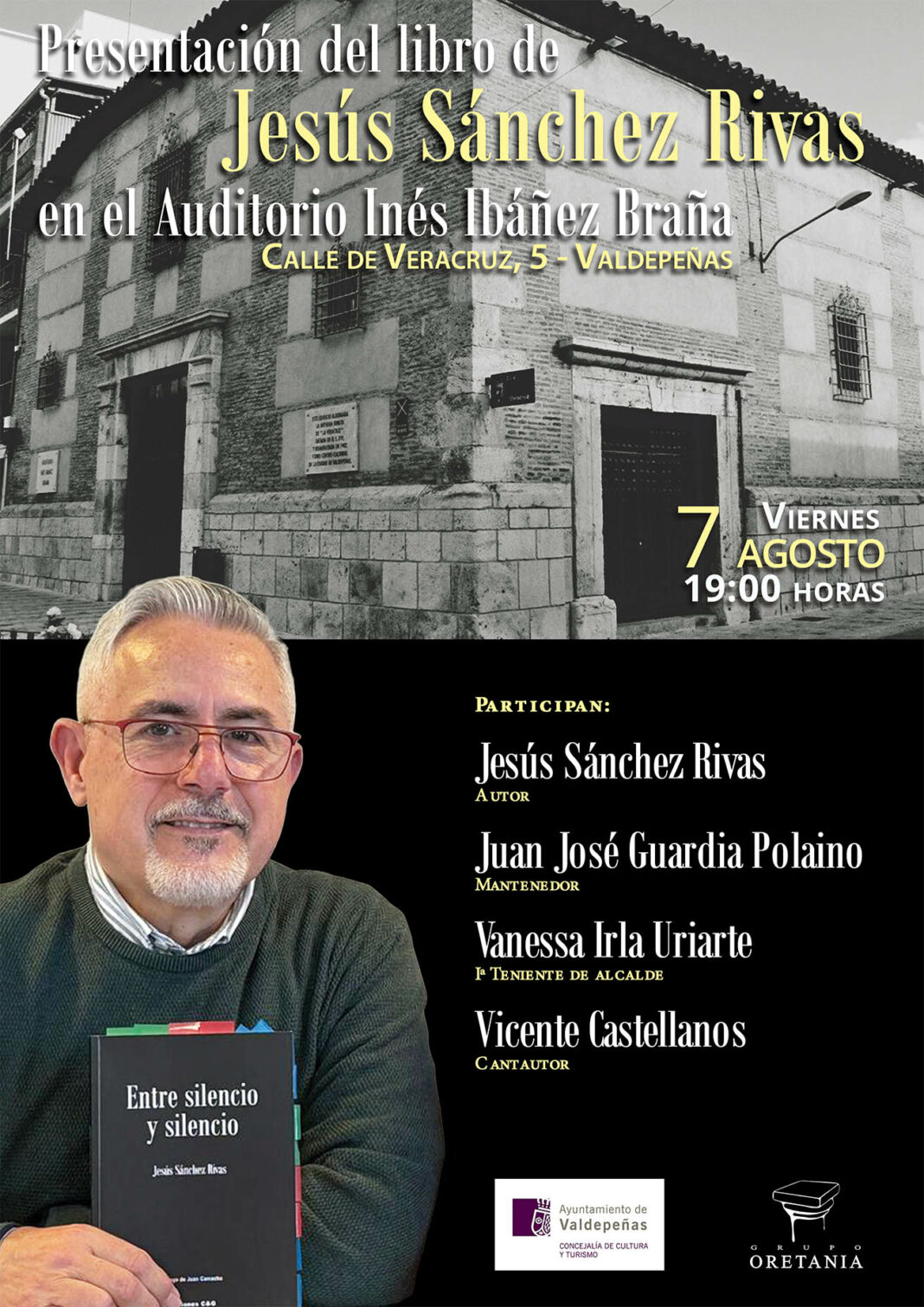 Cartel de la presentación de 'Entre silencio y silencio' de Jesús Sánchez Rivas en Valdepeñas
