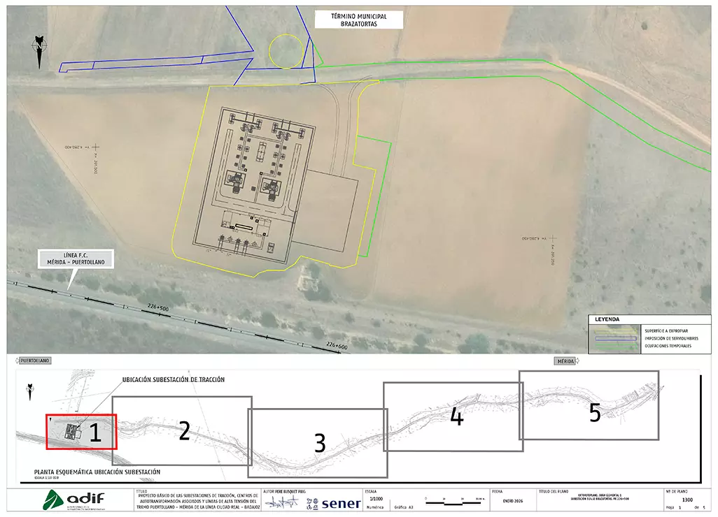 Plano de proyección sobre imagen aérea de la ubicación de la nueva subestación de tracción ubicada en el término municipal en Brazatortas